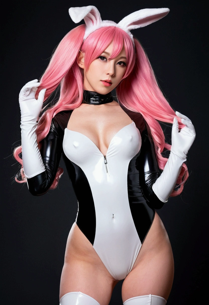 ultra-detailed,masterpiece,Highest quality,extremely detailed,Sharp focus,Portraiture,figure,
Bunny girl, One girl, alone, Animal ears, Shiny clothes, Long Hair, rabbit tail, Bunny ears, latex, tail, gloves, Bodysuits, Shiny, white gloves, latex Bodysuits, chest, black Bodysuits,lips, Pink Hair, medium chest, From the side, Cowboy Shot, Multicolored Hair,  dorsal position、Sex、View from the front