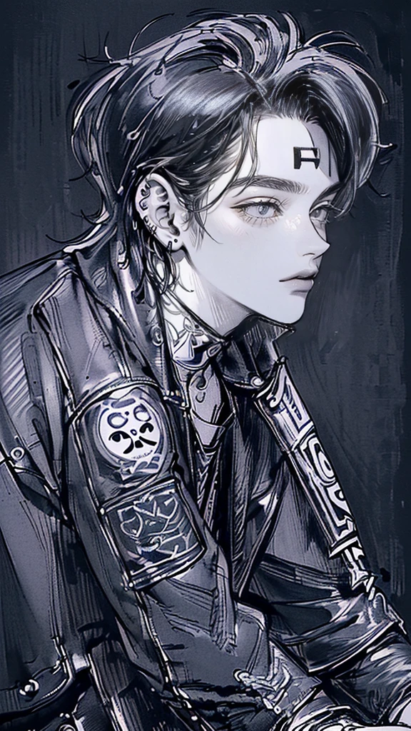 (4K workasterpiece artwork、(maximum quality)、((black backgroundsmasculine Korean、adult male、((Adult aged 50))、((Adult guy type))、((Leather jeans style))、((Face similar to Hyunjin))、Nice Men、Cao Cao、((Wild Features))、((Screaming expression))、((Long sleeve long pants style))、((smaller face))、Fine body、(((shorth hair)))、((filmed from a side angle))、((perfil))、((Turn the body to the side))、((Shot alone))、((Photography Only))、professional photos、((He's in front of the viewer))、((monochrome photography))、((upper body photography))、((Wear lots of piercings))、((Piercing na boca))、((icon photo))、((Sick Boyine Boys))、((tatoo))、((My picture))、((Bad boy pose))