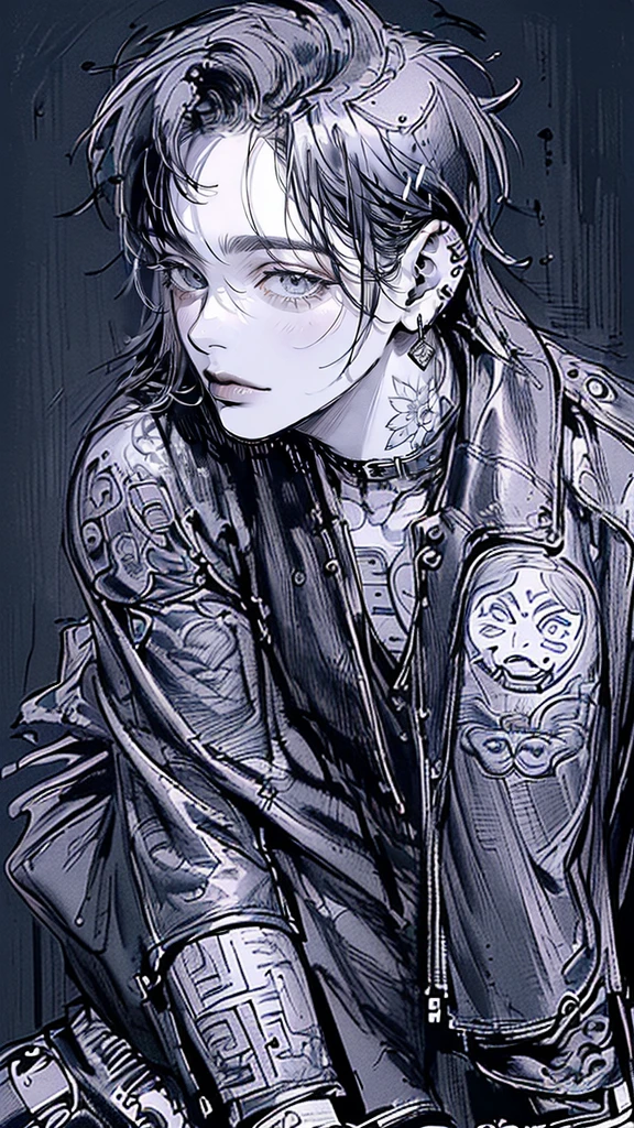 (4K workasterpiece artwork、(maximum quality)、((black backgroundsmasculine Korean、adult male、((Adult aged 50))、((Adult guy type))、((Leather jeans style))、((Face similar to Hyunjin))、Nice Men、Cao Cao、((Wild Features))、((Screaming expression))、((Long sleeve long pants style))、((smaller face))、Fine body、(((shorth hair)))、((filmed from a side angle))、((perfil))、((Turn the body to the side))、((Shot alone))、((Photography Only))、professional photos、((He's in front of the viewer))、((monochrome photography))、((upper body photography))、((Wear lots of piercings))、((Piercing na boca))、((icon photo))、((Sick Boyine Boys))、((tatoo))、((My picture))、((Bad boy pose))