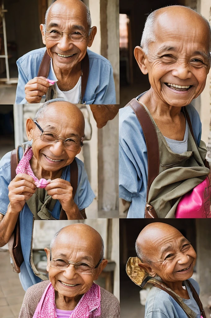 an old, He's light brown, very short semi-bald hair, old clothes and always with a smile on her face and has a magic bag that throws shit