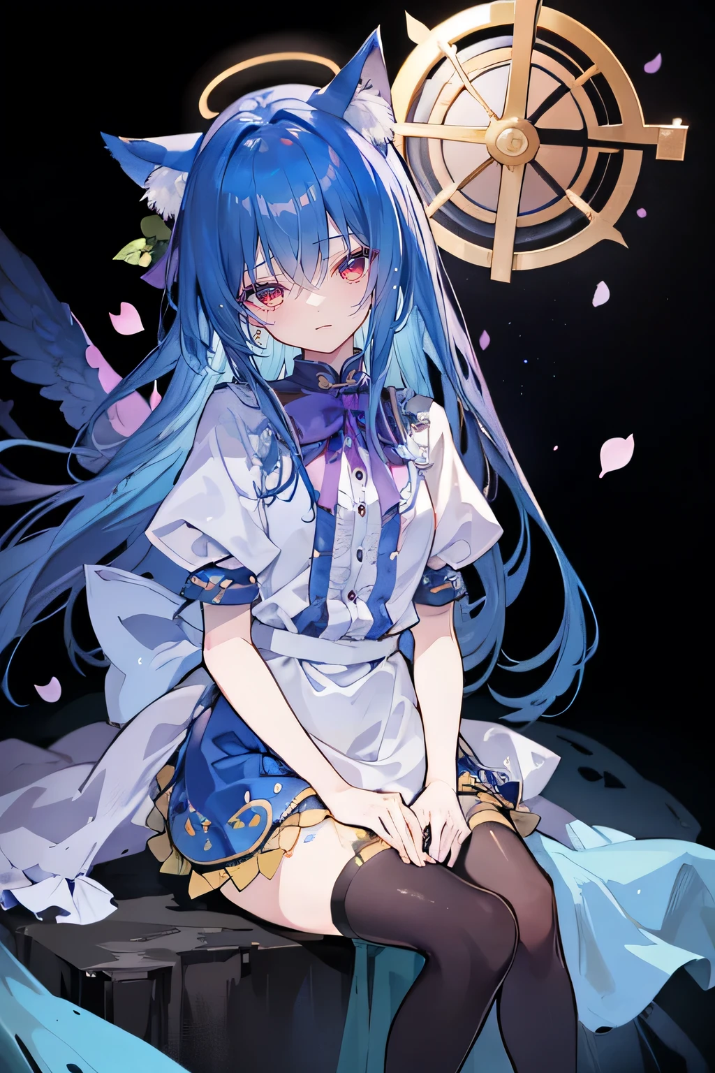 （masterpiece：1.2），Super detailed，lifelike，Expressive eyes，fair skin，perfect face shape，1 girl，
Japanese comics,Gorgeous blue hair,flowing blue hair,flowing clothes,Cat ears,Petals fall,beautiful lola,Baby Angel,
，Cross your legs，Gentle and peaceful background，The pavilion is cool and comfortable, （（masterpiece：1.4，最high quality）），（Super detailed），Official Art，Unity 8k Wallpaper，Super detailed，Beautiful appearance，high quality，Cute，masterpiece，最high quality，（flat chest），Human body，a character portrait，Standing，long suspender skirt，Yuri,（Black tights），There is a halo on the head