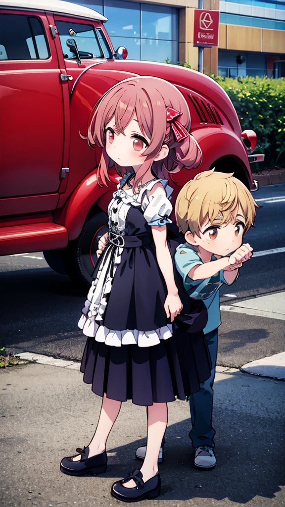 ((Highest quality)), ((masterpiece)), (detailed), Lovers standing in front of a small wagon-type car, such as a Volkswagen、2 people、Boy and Girl、drive、Vision、Side Angle
