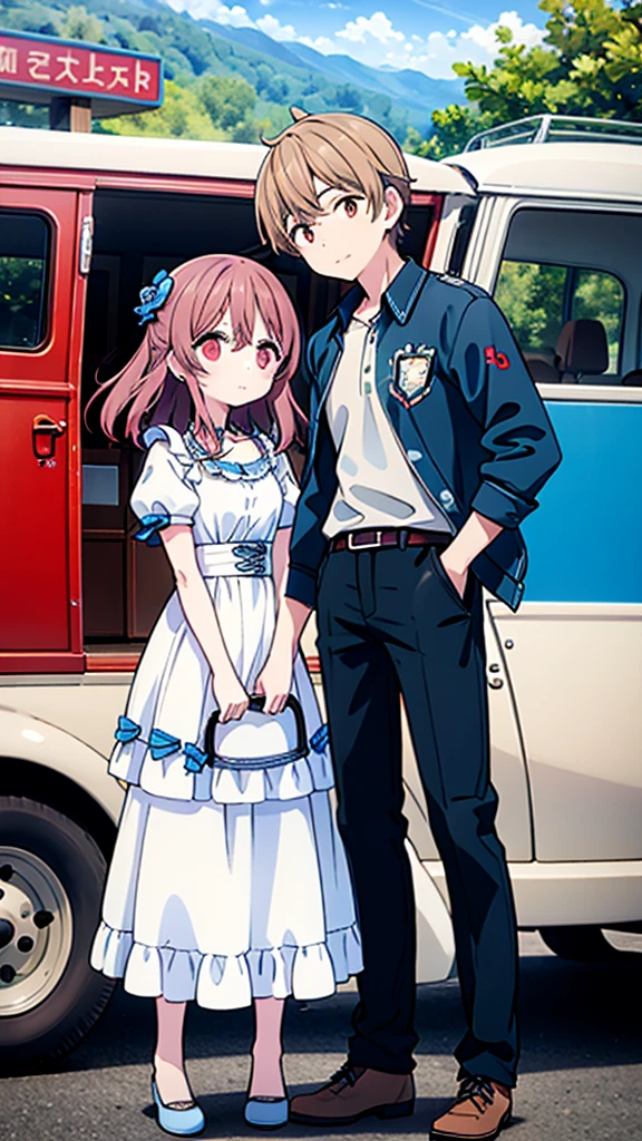 ((Highest quality)), ((masterpiece)), (detailed), Lovers standing in front of a small wagon-type car, such as a Volkswagen、2 people、Boy and Girl、drive、Vision、Side Angle
