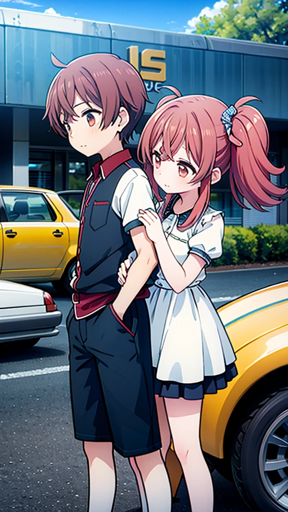 ((Highest quality)), ((masterpiece)), (detailed), Lovers standing in front of a small wagon-type car, such as a Volkswagen、2 people、Boy and Girl、drive、Vision、Side Angle
