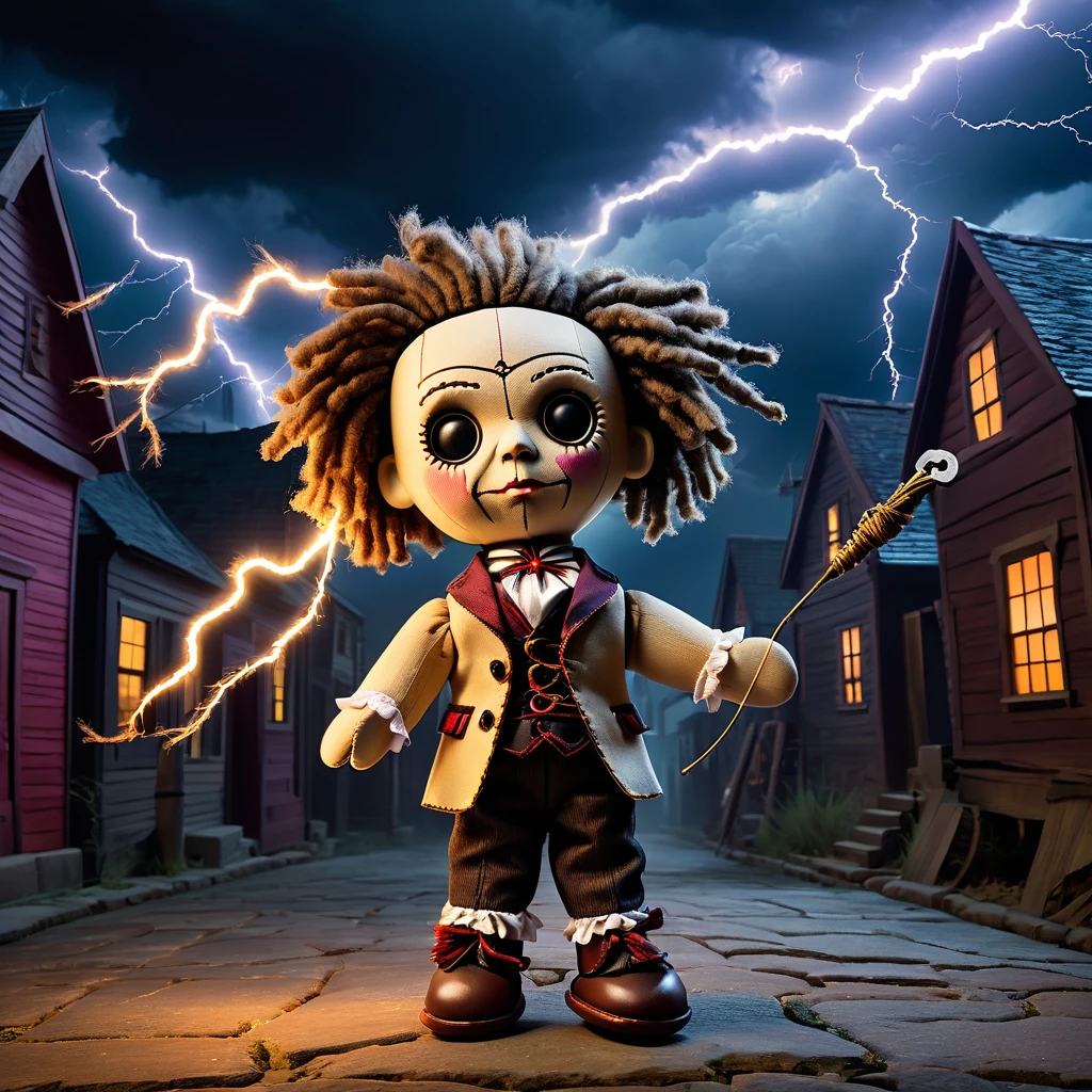 (knitted toy voodoo doll:1.8), (Voodoo Benjamin Franklin:1.3), (Clothing: 18th-century American attire with lightning patterns:1.0), (Accessories: enchanted kite emitting an electric glow, floating key:1.1), (background: stormy sky with crackling lightning, colonial buildings, and an atmosphere of revolutionary discovery:1.2), best quality, masterpiece, detailed soft oil painting, detailed background, dramatic cinematic lighting, soft edge lighting, professional, dramatic lighting, hard edge lighting, ultra quality, 4k,masterpiece, best quality, 8k, ultra highres, highres, extremely detailed