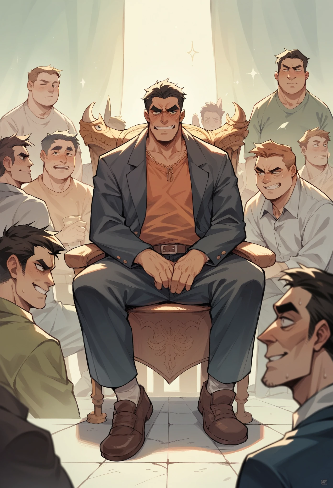 The madman is sitting on a chair with several famous people standing around him