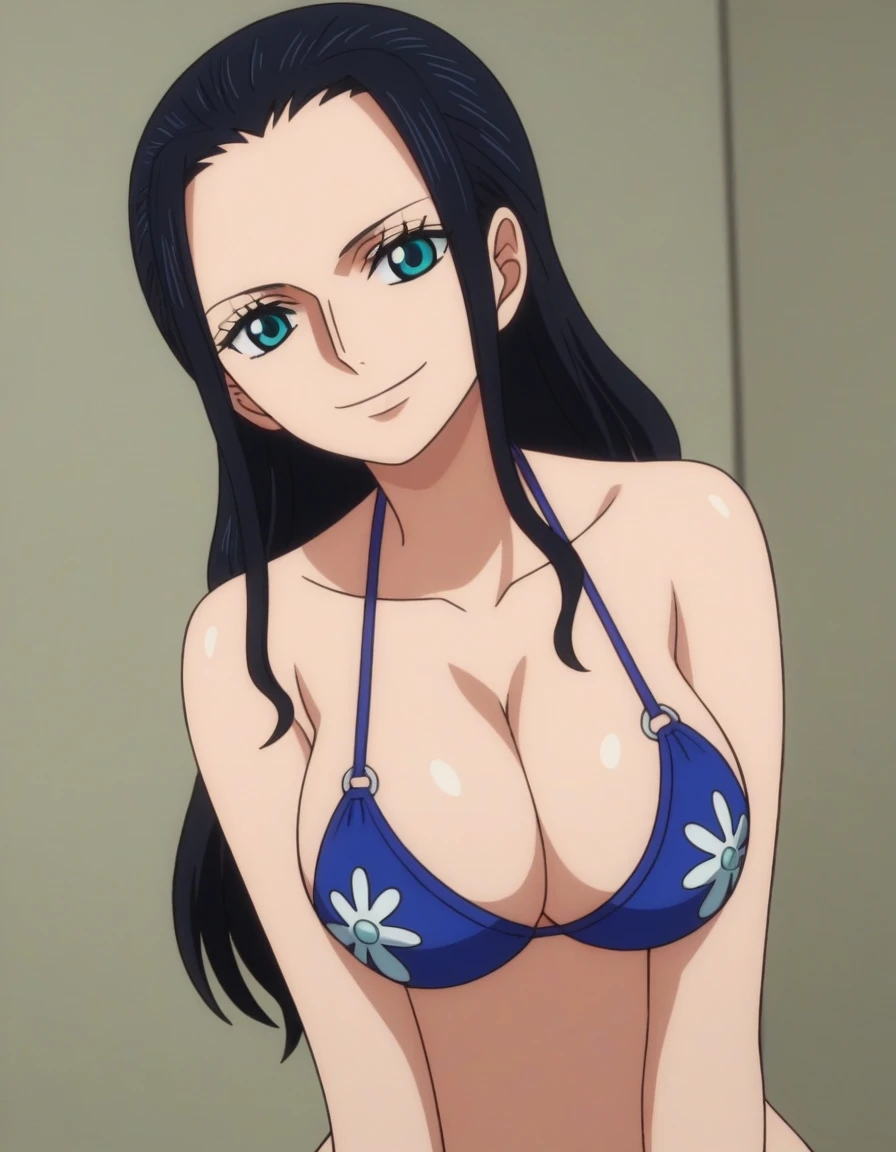 score_9, score_8_up, source_anime, anime screencap, one_piece_style, Nico Robin, black hair, long hair, blue eyes, large breasts, bikini, looking at viewer, smile, cleavage, from front, upper body, looking at viewer