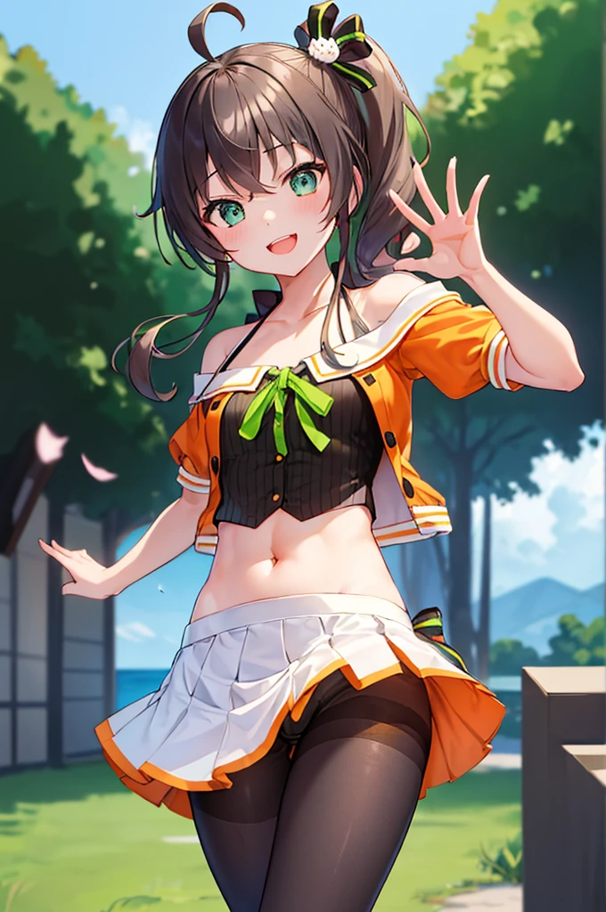 Ho****ve、masterpiece、Highest quality、High resolution、Super detailed、Amatsuri、Medium Hair、Side Ponytail、Ahoge、Hair between the eyes、bangs、Cat hair accessories、Black Ribbon、Neck ribbon、Green ribbon、Cropped jacket、(Orange Jacket:1.2)、Off-the-shoulder jacket、(Short sleeve:1.2)、(Halter neck:1.2)、(camisole:1.2)、黒camisole、Pinstripe pattern、belly button、White Skirt、Side slits、(pantyhose:1.2)、(黒pantyhose:1.2)、boots、White footwear、Outdoor、Are standing、smile、cherry blossoms、Cowboy Shot、Waving、Arms at your sides、The correct number of legs、The correct number of fingers、