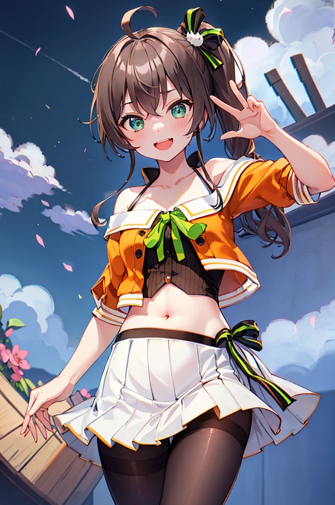 Hololive、masterpiece、Highest quality、High resolution、Super detailed、Amatsuri、Medium Hair、Side Ponytail、Ahoge、Hair between the eyes、bangs、Cat hair accessories、Black Ribbon、Neck ribbon、Green ribbon、Cropped jacket、(Orange Jacket:1.2)、Off-the-shoulder jacket、(Short sleeve:1.2)、(Halter neck:1.2)、(camisole:1.2)、黒camisole、Pinstripe pattern、belly button、White Skirt、Side slits、(pantyhose:1.2)、(黒pantyhose:1.2)、boots、White footwear、Outdoor、Are standing、smile、cherry blossoms、Cowboy Shot、Waving、Arms at your sides、The correct number of legs、The correct number of fingers、