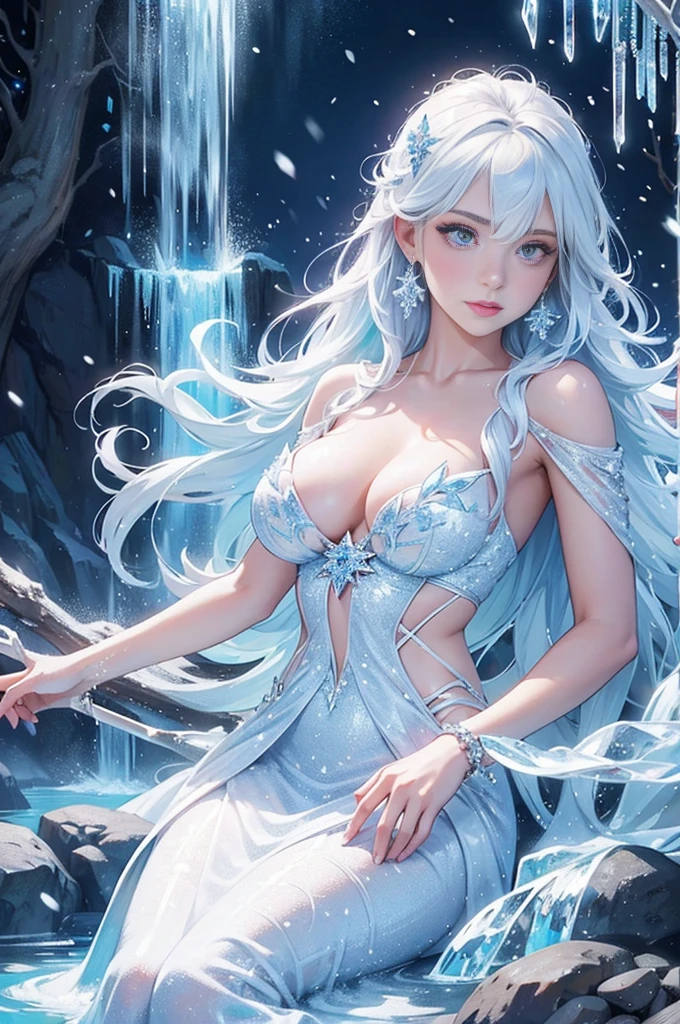 wood, Exquisite mini ice spikes and crystals, Frozen waterfall in the background, Light reflected by ice crystals, Flowing snowflakes.pretty girl,A realistic person々,Beautiful cleavage
