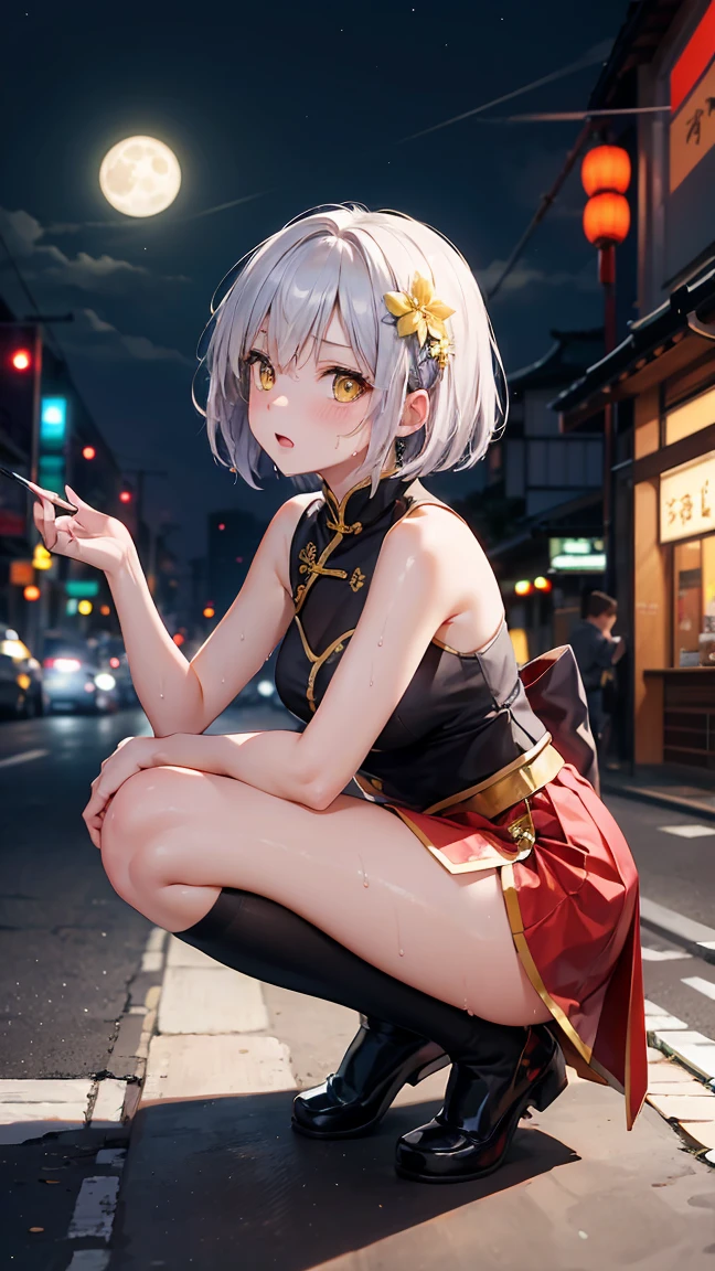 Young girl , short silver bob hair, hair flower, sharp bangs between the eyes, yellow  eyes, eyes large, traditional chinese imperial clothes black with gold details, red skirt, black thigh high socks. lateral view, fully body, crouched on the street of a Japanese city, at night, with full moon in the background, light reflecting on the sexy and sweaty body. (((sweat)))