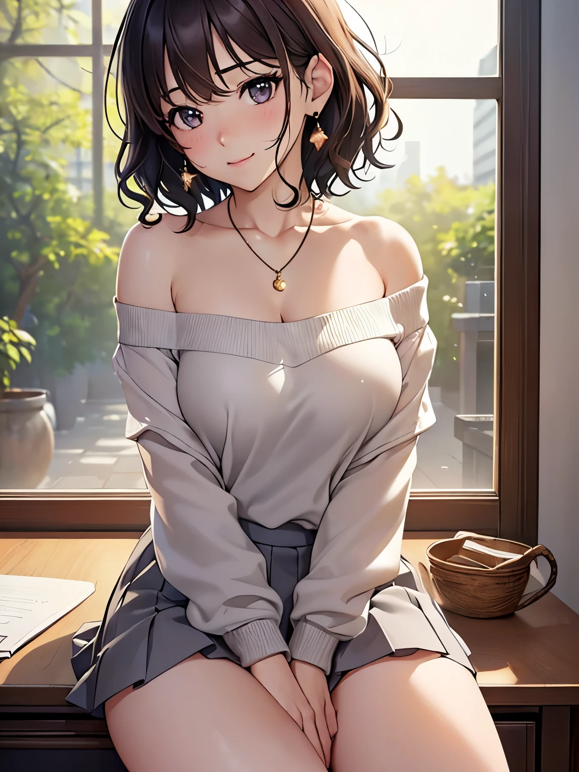 (Highest quality, High resolution, Masterpiece, 4K), (Soft light、Luster of hair、Beautiful eyes)、young woman、The whole body is visible、Adorable smile ((Wavy medium short hair, bangs, Chestnut Hair)), ((Wistful eyes、Gray Eyes, Perfect Eyes)), ((Detailed face, blush:1.1)), ((Smooth texture:0.75, Realistic texture:0.65, Realistic:1.1, Anime CG Style)),Medium chest、A body with just the right amount of flesh、(Sexy thighs、I see beautiful legs)、Purple off-the-shoulder sweater、Pleated skirt、Cute Necklace、Earrings、Angle from the front、Peeking into this、Sit at your desk、Hands behind back、Composition from above、White pumps