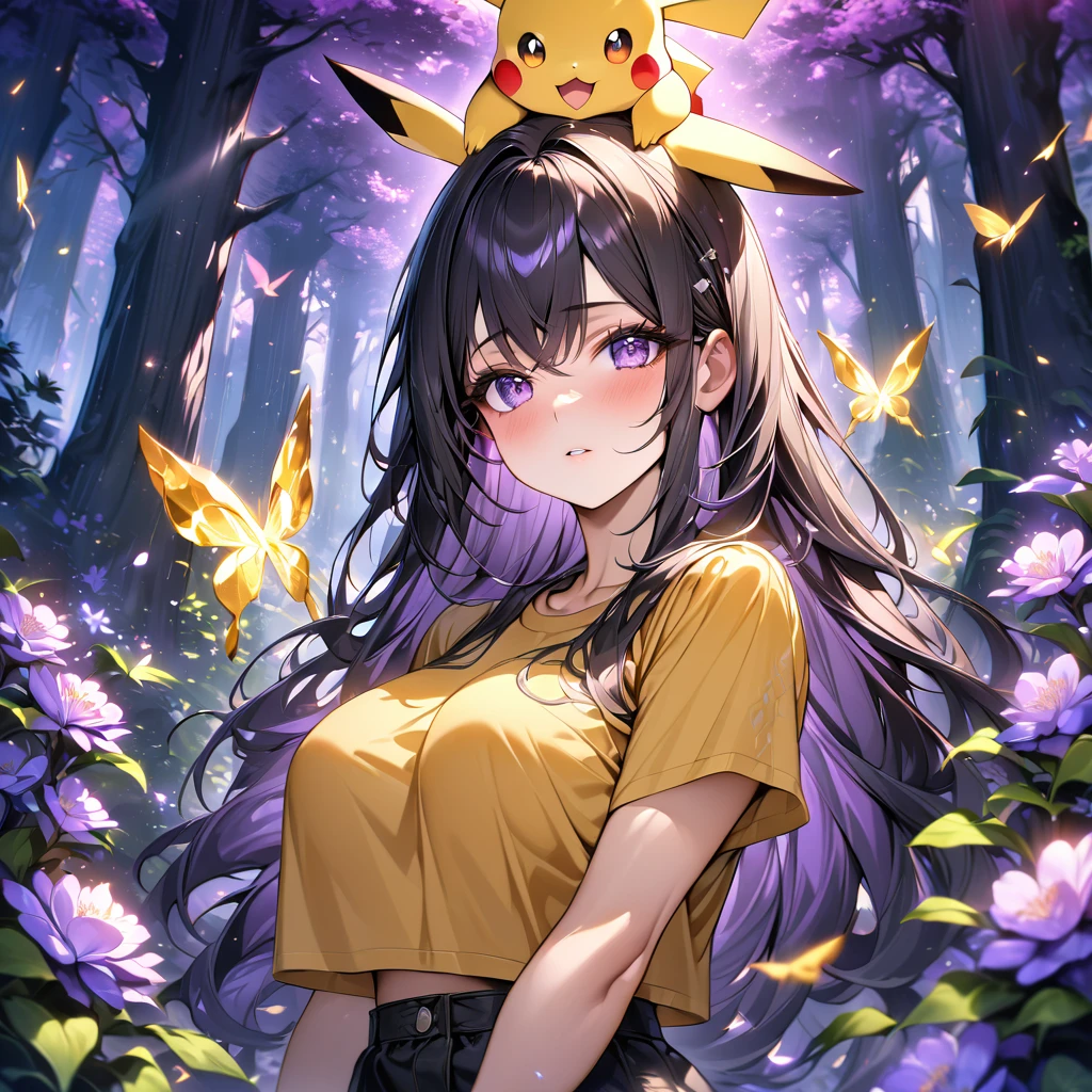 Big boob, Girl with yellow tshirt crop with outer black,pikachu on head, forest,purple dark light, absurdres, highres, ultra detailed, HDR, master piece, best quality, black hair, expressive purple eyes, black clothes, magical, fantasy, shining, purple flowers, blossoms, yellow butterflies