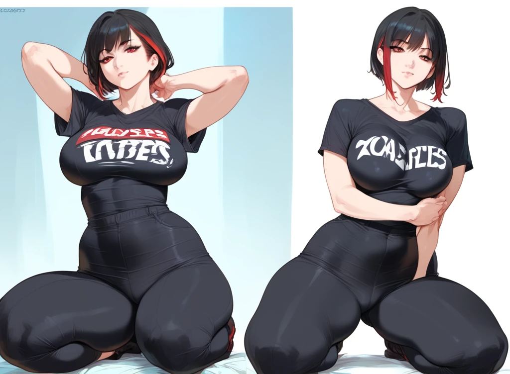 mixed_artstyle, 1 girl, Alone, hands, Asian, black t-shirt, black pants, short black hair with red highlights, red eyes, realistic, textures, 8K, perfect hand, perfect anatomy, visible curves, Breasts, Multiple views, Various poses