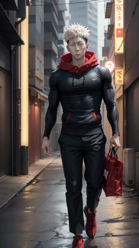 A handsome, dashing young man in the manga series "Jujutsu Kaisen" named, Ita Doti Yuji with his characteristic clothes, black hoodie, and red shoes, with HD, 4K anime photo resolution quality. with a backdrop of sparkling light, body-saving fantasy, as well as dynamic effects, an urban, cyberpunk, atmosphere.