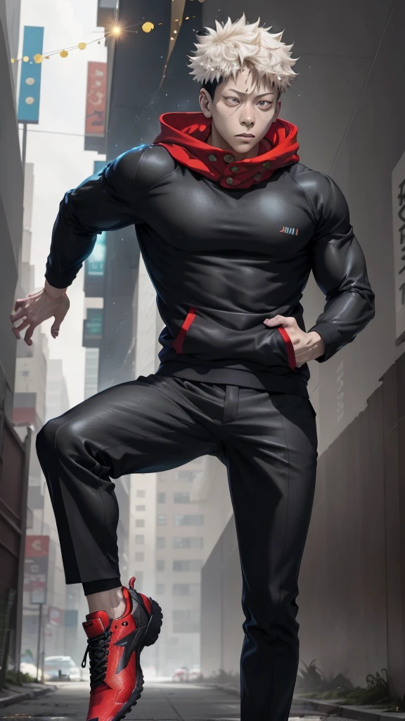 A handsome, dashing young man in the manga series "Jujutsu Kaisen" named, Ita Doti Yuji with his characteristic clothes, black hoodie, and red shoes, with HD, 4K anime photo resolution quality. with a backdrop of sparkling light, body-saving fantasy, as well as dynamic effects, an urban, cyberpunk, atmosphere.