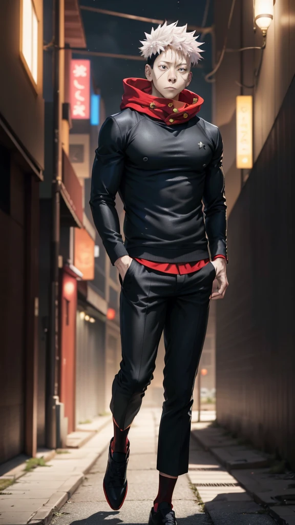 A handsome, dashing young man in the manga series "Jujutsu Kaisen" named, Ita Doti Yuji with his characteristic clothes, black hoodie, and red shoes, with HD, 4K anime photo resolution quality. with a backdrop of sparkling light, body-saving fantasy, as well as dynamic effects, an urban, cyberpunk, atmosphere.