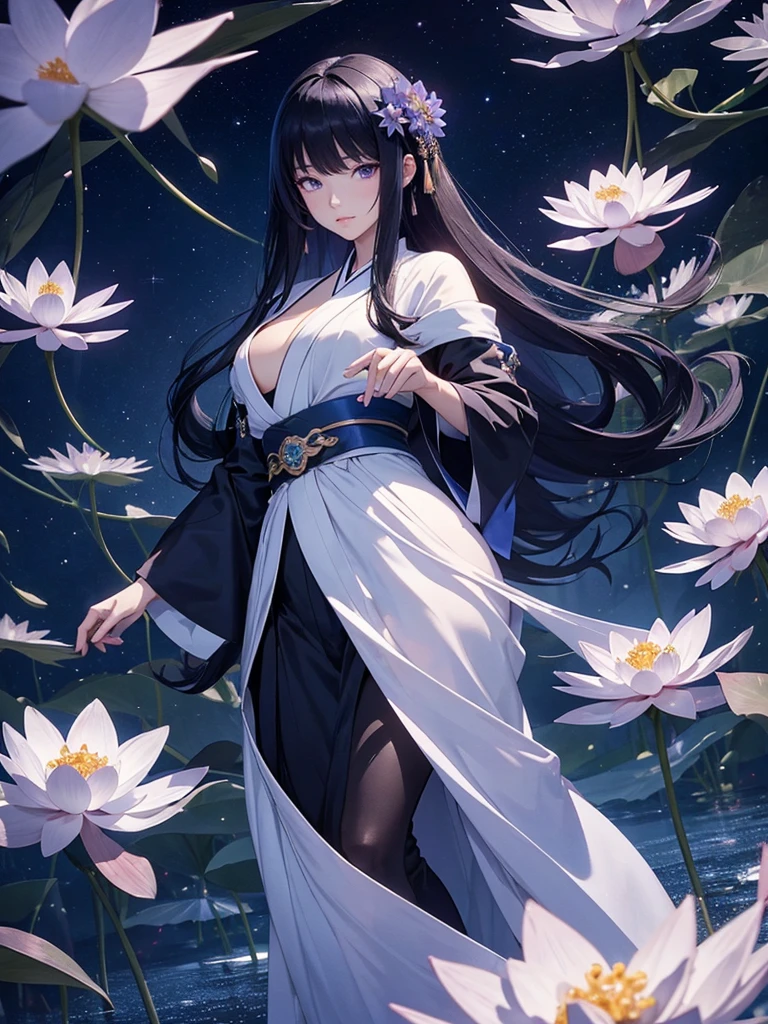 star world, a elegant furisode Lady long black hair and purple eyes standing backstyle on a blue Lotus, holding a Japanese SENSE in her hand to summon flying Bright star around her. The background is full of large and small blue flowers, creating an atmosphere of fantasy and dreamy darkblue tones. In the style of a high definition fantasy beautiful ukiyoe, with high resolution. A panoramic view from above, capturing the vastness of nature. Soft lighting creates a warm feeling.