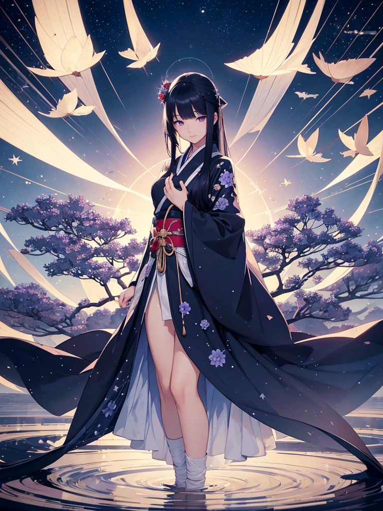 star world, a elegant furisode Lady long black hair and purple eyes standing backstyle on a blue Lotus, holding a Japanese SENSE in her hand to summon flying Bright star around her. The background is full of large and small blue flowers, creating an atmosphere of fantasy and dreamy darkblue tones. In the style of a high definition fantasy beautiful ukiyoe, with high resolution. A panoramic view from above, capturing the vastness of nature. Soft lighting creates a warm feeling.
