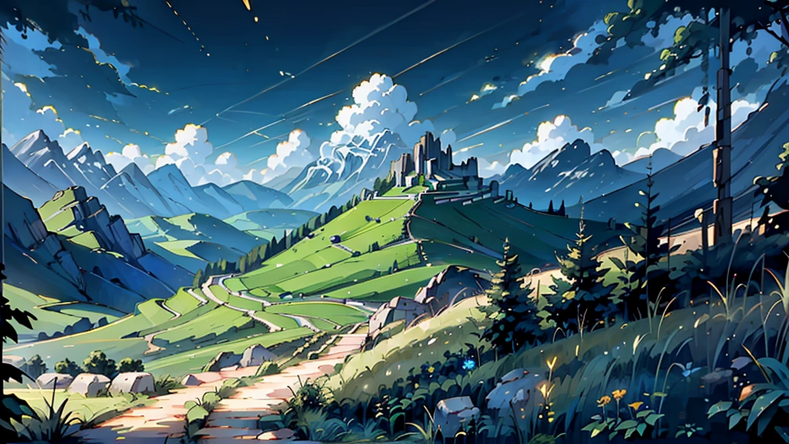 very beautiful landscape, extremely detailed, extremely detailed show of a mysterious place; in the foreground the mountain trail with bright green grass