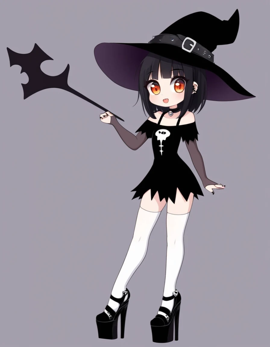 Cute girl, bright orange and dark black, white thigh-high socks, platform heels, gothic style, , small bust, witch