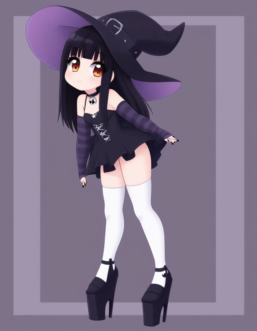Cute girl, bright orange and dark black, white thigh-high socks, platform heels, gothic style, , small bust, witch