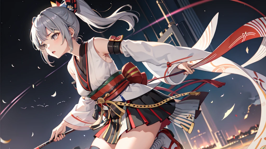 One girl, kimono, ponytail ,Gray Hair, Grey Eyes, wallpaper, landscape, Depth of written boundary, night,Shinsengumi, Striped pattern, Particles of light, light, Side Lighting, Thighs, destiny \(series\), Genshin Impact, Open jacket, skirt, Knee socks, cloud,
