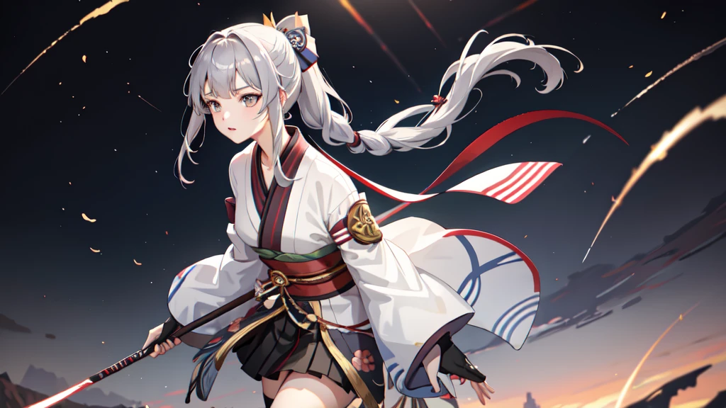 One girl, kimono, ponytail ,Gray Hair, Grey Eyes, wallpaper, landscape, Depth of written boundary, night,Shinsengumi, Striped pattern, Particles of light, light, Side Lighting, Thighs, destiny \(series\), Genshin Impact, Open jacket, skirt, Knee socks, cloud,
