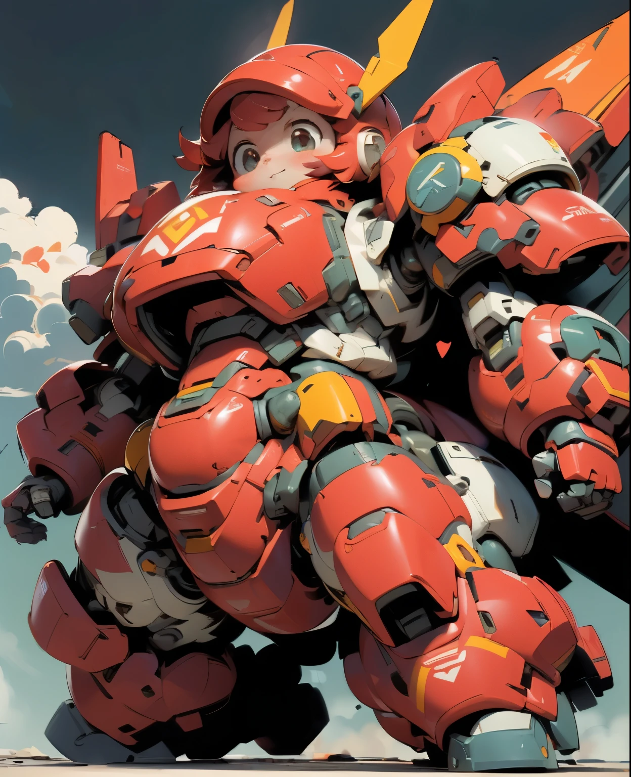 (((1 chibi girl in large red-colored robot costume, from below))), ssmile, (holding weapons), (chibi), (bulky:1.8), (((helmet:1.5))), large cute face, (((looking down:1.5))), mechanical parts, ((mechanical wings)), (full armor:1.8), (mecha armor:1.8), (shoulder guards:1.2),(huger arms), ((mechanical arms:1.5)), (short legs), (huger body:1.8), (heavy equipment:1.6), (from below), (headgear), blue sky, white clouds, robot joints, becoming a mecha, mecha, (RARS), (HRS), ROBOTANIMESTYLE, BJ_Cute_Mech,cute, girl BREAK ((masterpiece)), vibrant colors, 8k, best quality, ultra detailed illustration, ((best quality)), ((high resolution)), flawless skin textures, shiny oiled skin, extremely detailed anime eyes , extreme light and shadow