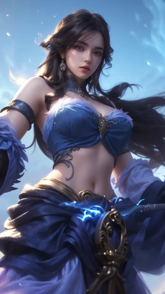 a close up of a woman in a beautiful blue dress, holding a glowing magical sword, intricate detailed face, piercing eyes, lush flowing hair, detailed ornate jewelry, dramatic lighting, fantasy, digital painting, highly detailed, cinematic, masterpiece, 8k, photorealistic