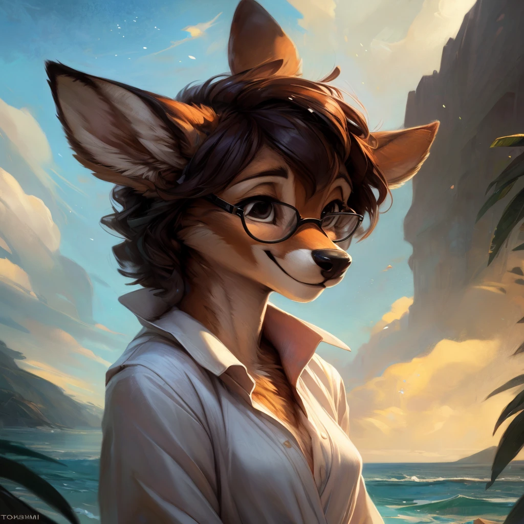 uploaded on e621, by Pixelsketcher, by Bayard Wu, by Thomas Benjamin Kennington , by Einshelm, by hioshiru and kenket, Chunie, portrait, solo anthro female deer doe, with small featureless breasts, clear dark blue, cinematic lighting, day, sunny day, beach, stays in the sea, sea background, mediterranean background, horizon background, shiny, short curly dark brown hair, wears big black nerd glasses, very very beautiful furry art, furry art, smiling, joyful, shiny, happy, feminine, cute face, muzzle, fluffy chest, flawless face, Fallow deer, 1girl, Sakimichan is beautiful, Masterpiece, Wavethesallow Face, shiny, Detailed image, portrait, Detailed image, portrait, full body, wearing wide, long, white blouse, shiny, realistic face, perfect anatomy, hourglass body, (furry body:1.1), anthropomorphic deer, small fluffy tail, detailed background, (cute anatomy:1.1), windy, smiling, very happy, happy