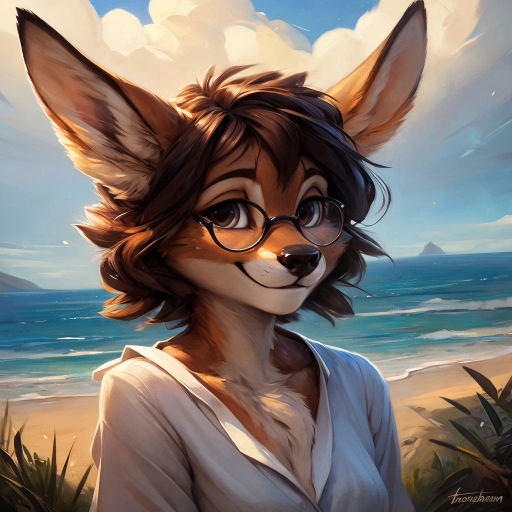 uploaded on e621, by Pixelsketcher, by Bayard Wu, by Thomas Benjamin Kennington , by Einshelm, by hioshiru and kenket, Chunie, portrait, solo anthro female deer doe, with small featureless breasts, clear dark blue, cinematic lighting, day, sunny day, beach, stays in the sea, sea background, mediterranean background, horizon background, shiny, short curly dark brown hair, wears big black nerd glasses, very very beautiful furry art, furry art, smiling, joyful, shiny, happy, feminine, cute face, muzzle, fluffy chest, flawless face, Fallow deer, 1girl, Sakimichan is beautiful, Masterpiece, Wavethesallow Face, shiny, Detailed image, portrait, Detailed image, portrait, full body, wearing wide, long, white blouse, shiny, realistic face, perfect anatomy, hourglass body, (furry body:1.1), anthropomorphic deer, small fluffy tail, detailed background, (cute anatomy:1.1), windy, smiling, very happy, happy