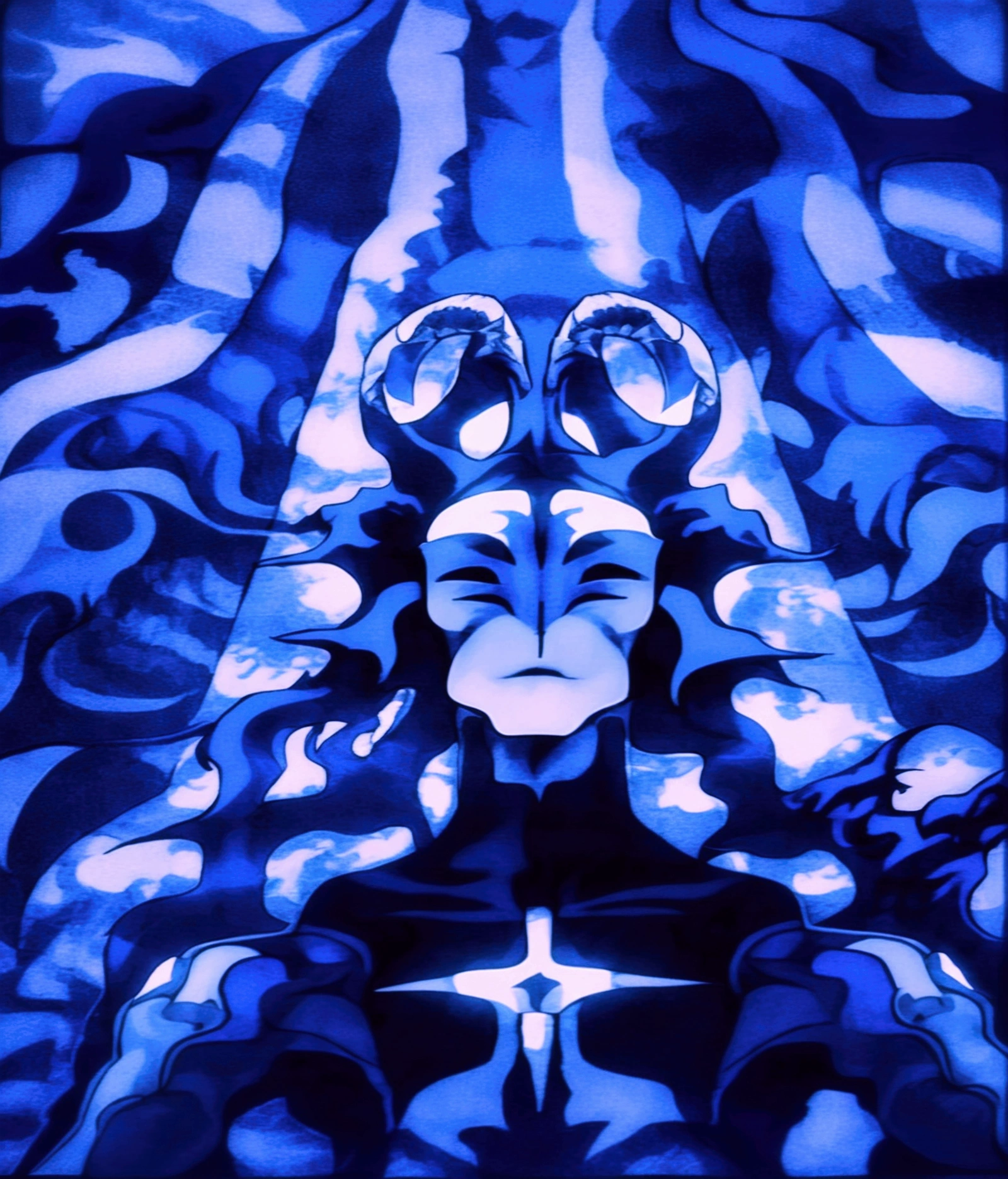 a mask completely destroyed and fragmented, completely glued together and with a broken horn appeared from the forehead ,hollow mask, bleach anime