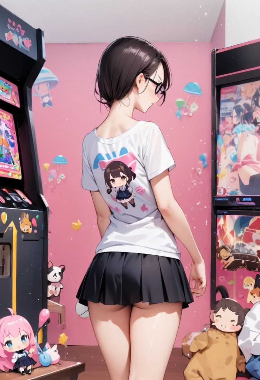 Fashionable glasses、back view, Backwards、Butt、back、back of head、Hips、Hair back、Calf、Very Very Mini Skirt、Cute patterned panties、Chibi T-shirt、Panty shot、arcade、game machine、Game bench、UFO Catcher、Purikura、Date、forehead、Girl、Girl、Short、Younger、、Baby Face、flat chrassed、Dynamic Angle、masterpiece、best quality、ultra-detail、There are customers around、I'm making a mess、Clothing
