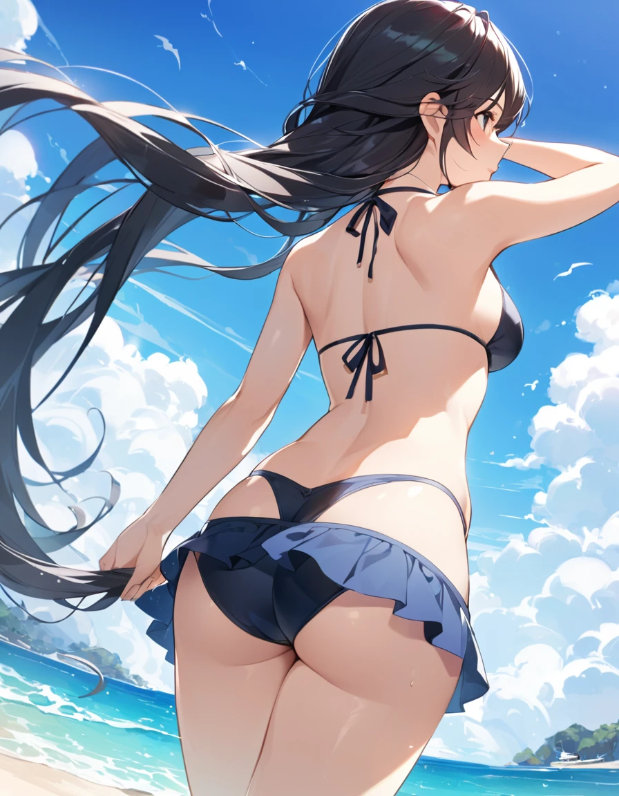 summer、Ocean、blue sky、beautiful girl、bikini、sexy、Low angle、Medium chest、Black Hair、Semi-long hair、Back view、hip focus