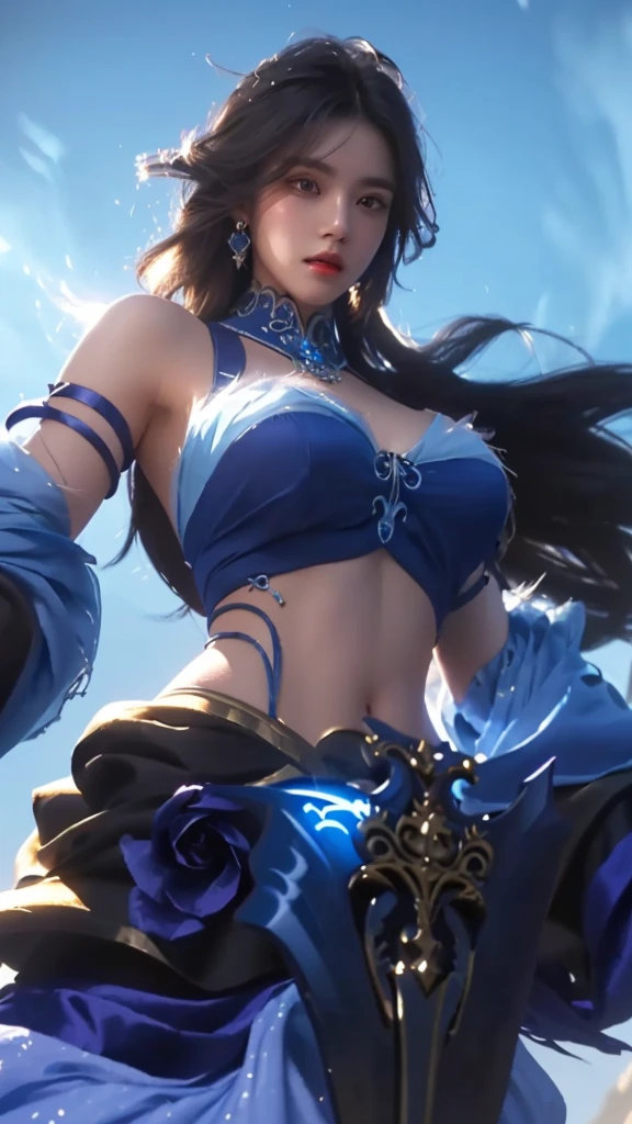 a close up of a woman in a beautiful blue dress, holding a glowing magical sword, intricate detailed face, piercing eyes, lush flowing hair, detailed ornate jewelry, dramatic lighting, fantasy, digital painting, highly detailed, cinematic, masterpiece, 8k, photorealistic