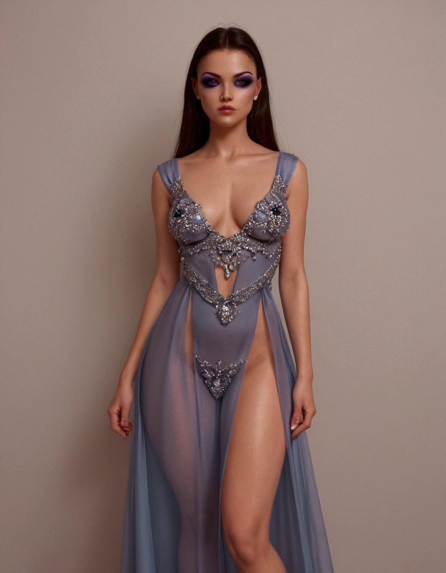 Rachel Pizzolato, age 25, (alien sheer gown, 50s styling, odd makeup) as an alien princess, space ship behind her (landing gear down) seductive approach to viewer, suburb at night