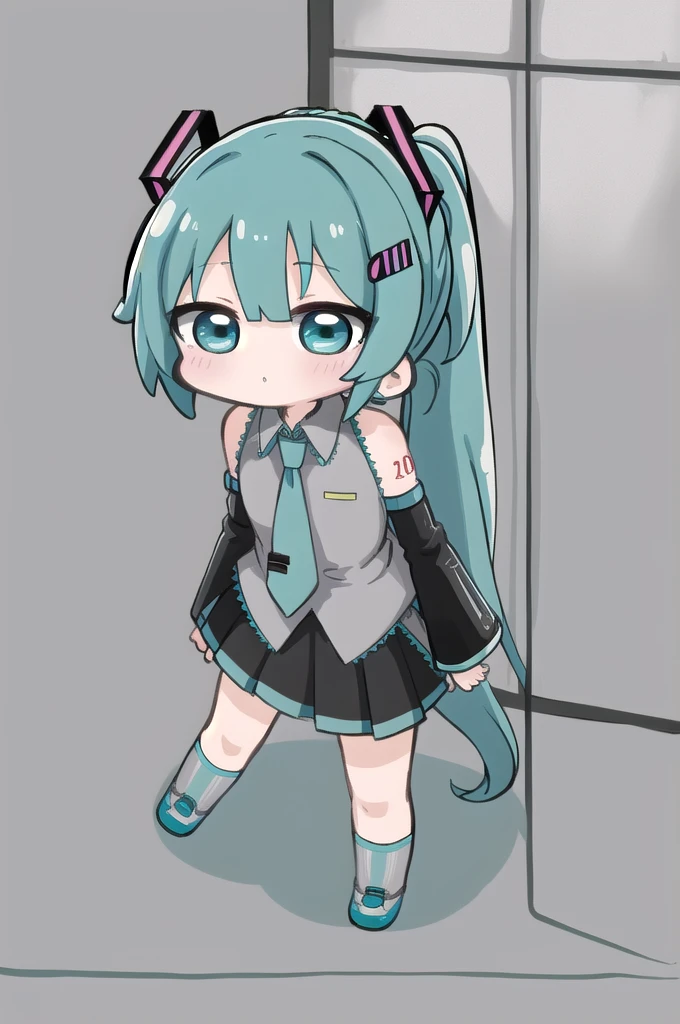 masterpiece, best quality, highly detailed, nozochibi, 1girl, (chibi:1.4), hatsune miku, full body,  aerodynamics low_ponytail hair making up,Hair Elastics,
aerodynamics side front bangs,