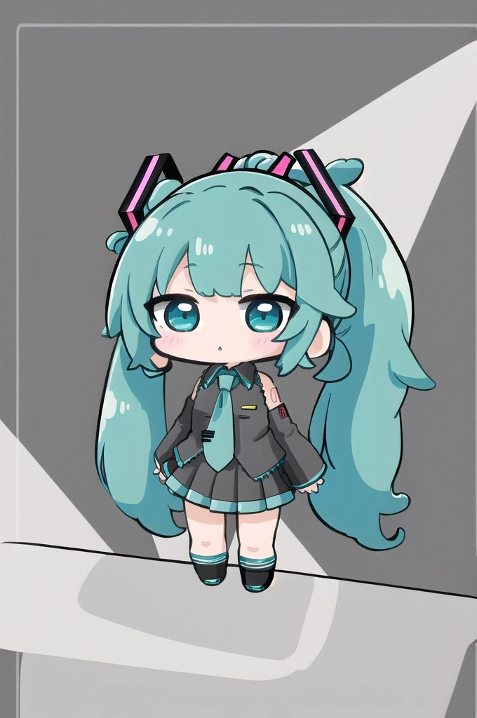 masterpiece, best quality, highly detailed, nozochibi, 1girl, (chibi:1.4), hatsune miku, full body, aerodynamics low_ponytail hair making up,Hair Elastics,
aerodynamics side front bangs,
