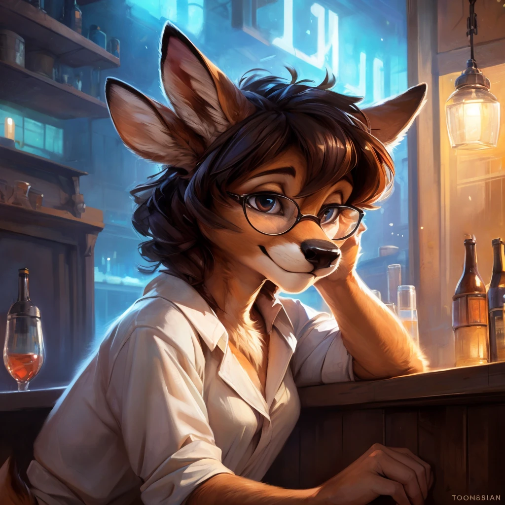 uploaded on e621, by Pixelsketcher, by Bayard Wu, by Thomas Benjamin Kennington , by Einshelm, by hioshiru and kenket, Chunie, portrait, solo anthro female deer doe, tiny featureless breasts, tiny breasts, clear dark blue, cinematic lighting, sitting on a bar counter, sitting inside at a party bar, night club background, shiny, short curly dark brown hair, shoulder length hair, wears big black nerd glasses, very very beautiful furry art, furry art, thoughtful, shiny, feminine, cute face, muzzle, fluffy chest, flawless face, Fallow deer, 1girl, Sakimichan is beautiful, Masterpiece, Wavethesallow Face, shiny, Detailed image, Detailed background, portrait, Detailed image, portrait, wears pure white wide, big blouse, shiny, realistic face, perfect anatomy, hourglass body, anthropomorphic deer, happy, very happy, small ears, huge black nerd glasses, wide happy eyes, smiles, big smile, holdind a cocktail glass, hourglass body, (furry body:1.1), anthropomorphic deer, small fluffy tail, detailed background, (cute anatomy:1.1), looks into the distance, sexy, sexy look
