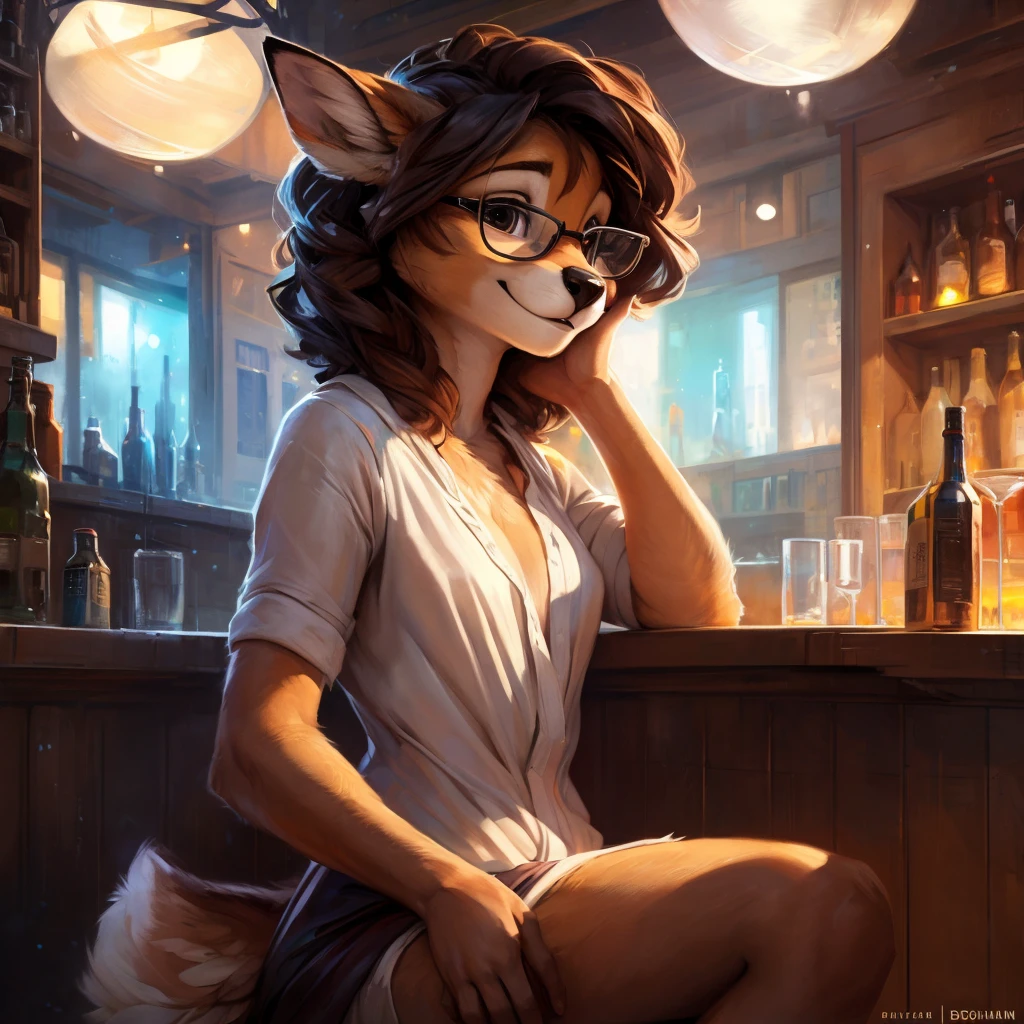 uploaded on e621, by Pixelsketcher, by Bayard Wu, by Thomas Benjamin Kennington , by Einshelm, by hioshiru and kenket, Chunie, portrait, solo anthro female deer doe, tiny featureless breasts, tiny breasts, clear dark blue, cinematic lighting, sitting on a bar counter, sitting inside at a party bar, night club background, shiny, short curly dark brown hair, shoulder length hair, wears big black nerd glasses, very very beautiful furry art, furry art, thoughtful, shiny, feminine, cute face, muzzle, fluffy chest, flawless face, Fallow deer, 1girl, Sakimichan is beautiful, Masterpiece, Wavethesallow Face, shiny, Detailed image, Detailed background, portrait, Detailed image, portrait, wears pure white wide, big blouse, shiny, realistic face, perfect anatomy, hourglass body, anthropomorphic deer, happy, very happy, small ears, huge black nerd glasses, wide happy eyes, smiles, big smile, holdind a cocktail glass, hourglass body, (furry body:1.1), anthropomorphic deer, small fluffy tail, detailed background, (cute anatomy:1.1), looks into the distance, sexy, sexy look