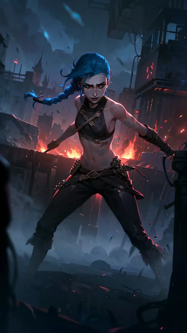 (masterpiece, Best quality), 1 girl, portrait, very sexy, crazy look, smile, crying, pink tears, tears on the cheeks, tears from eyes, full length (full body 1.1.), очень feminine, fighting stance, battle, fire, explosions, burning city, Beautiful waist, gloomy composition, flame, fire, Flash, very beautiful, feminine, long hair, hair braided in long braids, very sexy, tight leather pants, emphasis on the eyes, emphasis on the face, Beautiful face, Hands, Hair, Haired ponytail, red purple eyes, Джинкс crying, Blue cloud tattoo, (masterpiece, Best quality), Side lighting, beautiful detailed eyes, crazy face), (Best quality), (masterpiece), magic photography, Spectacular lighting, Photorealism, ultra detailed, интимная portraitная композиция, 1. 4,8 k UHD, aesthetic, Cd., A high resolution, 8 k, better lighting, Best shade, Ultra-HD, A high resolution, sharp focus, Complex background, Cinematic lighting, ((Landscape view)), 4K block, (better lighting), ((Cinematic lighting)),