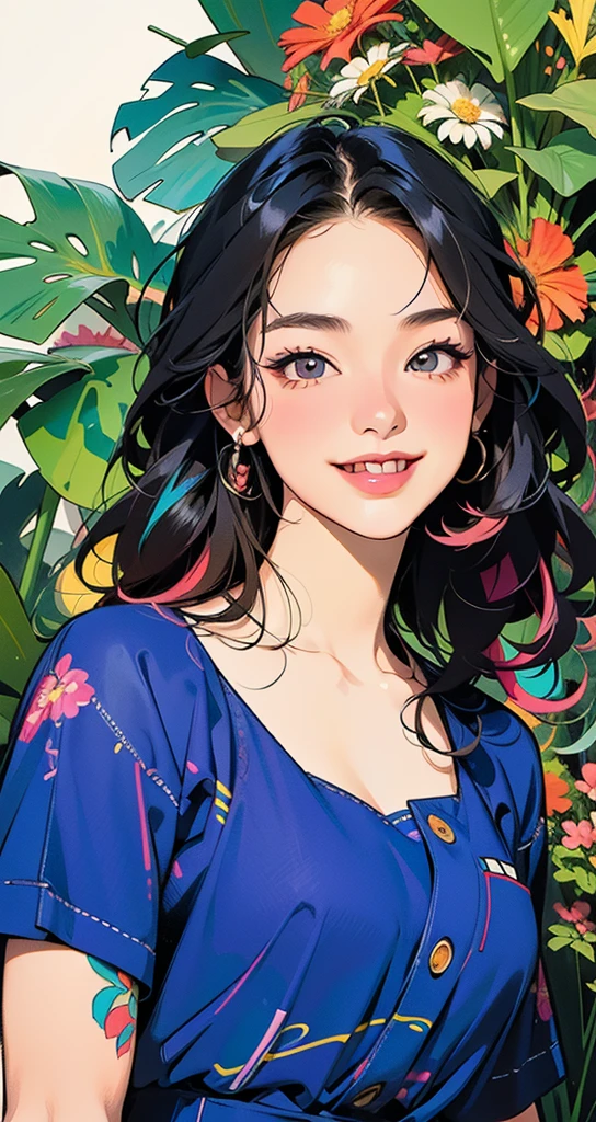 Create digital artwork in the Pop Art style, Featuring a vibrant and confident young Asian girl,street fashion, Movie color scheme, big smile, wink eye, Surrounded by vintage flower motifs, Vibrant brushstrokes,Emotions should be dynamic, Upper body, Drawing, illustration, escala cinza, tropical, Many flowers,