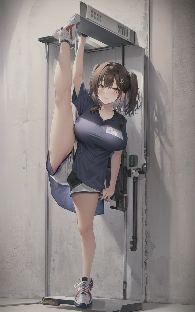 a masterpiece, 8k, high quality, split, a young japanese girl standing on one foot while holding the other foot above her head, beautiful detailed face, clear skin, short brown hair, beautiful eyes, wearing a t-shirt and shorts, sneakers, plain background, ************, slim figure, large breasts