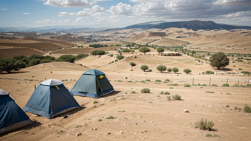 A wide view of two opposite hills, with a valley between them. At the top of the hill on the left, the Israelite camp can be seen, with tents, flags, and armed soldiers. On the right side, the Philistine camp is similarly set up, but with a more menacing atmosphere.
- **Details**:
- The sky is partly cloudy, suggesting the tension of the moment.
- Flags of Israel and the Philistines flutter in the wind.
- Israelite soldiers in simple armor, some sitting and others standing, attentive to the situation.
- On the Philistine side, more elaborate armor and a greater number of soldiers.
