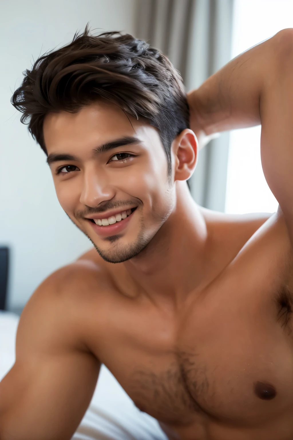 italian 25yo guy , dark short hair with fade, muscular man, Appearance ,wearing only micro thong underwear,confident expression,Sharp jawline,vibrant skin,smiling,handsome face,Lying in bed,bedroom,professional studio lighting,realistic,In Ferrari, photorealistic:1.37,portrait,vivid colors,cool tone,soft lighting,smiling,The sight that welcomes me
