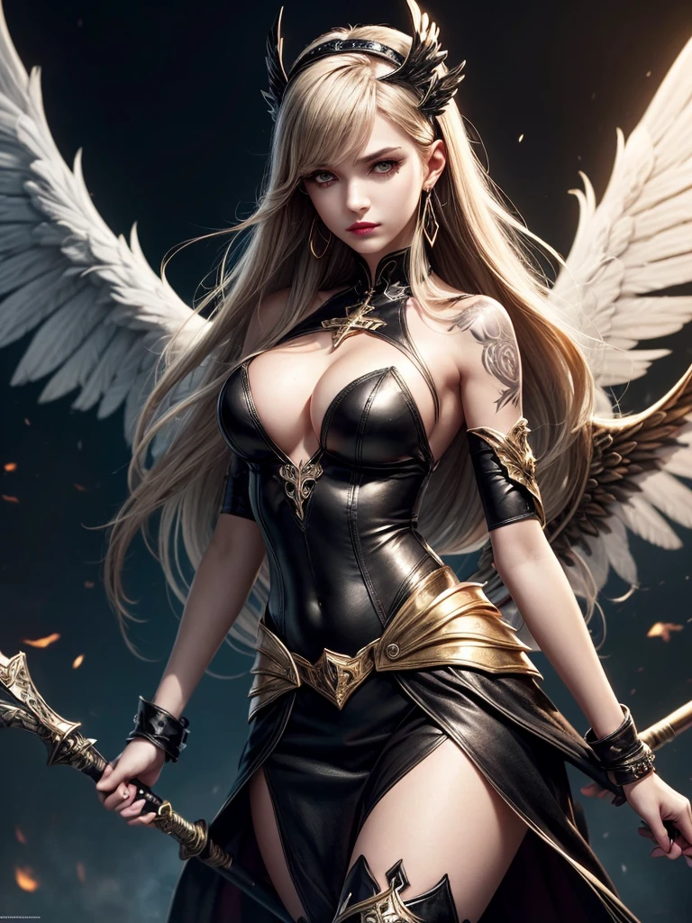 In the middle of the burning battlefield filled with broken swords and dead sodiers stand beatiful female fallen angel with black wings , she have beautiful face her eyes is golden yellow she have dark red lipstick and black eyeshadows she have piersing ring on her lip and cross shaped earrings on her ears her hair golden blond with black highlights with a blood red halo above her head, she dressed in sexy black leather armor with long skirt and black highheels boots with betal parts she have mystic symbols tattoo on her shouders, in her hand she holding long spear, (ultra high quality fantasy art, ghothic dark fantasy style, masterpiece, ultra high quality character design, 8k quality anime art, realistic anime art, top quality wallpaper illustration, detailed ultra high quality accurate face, high quality design and accurate physic)