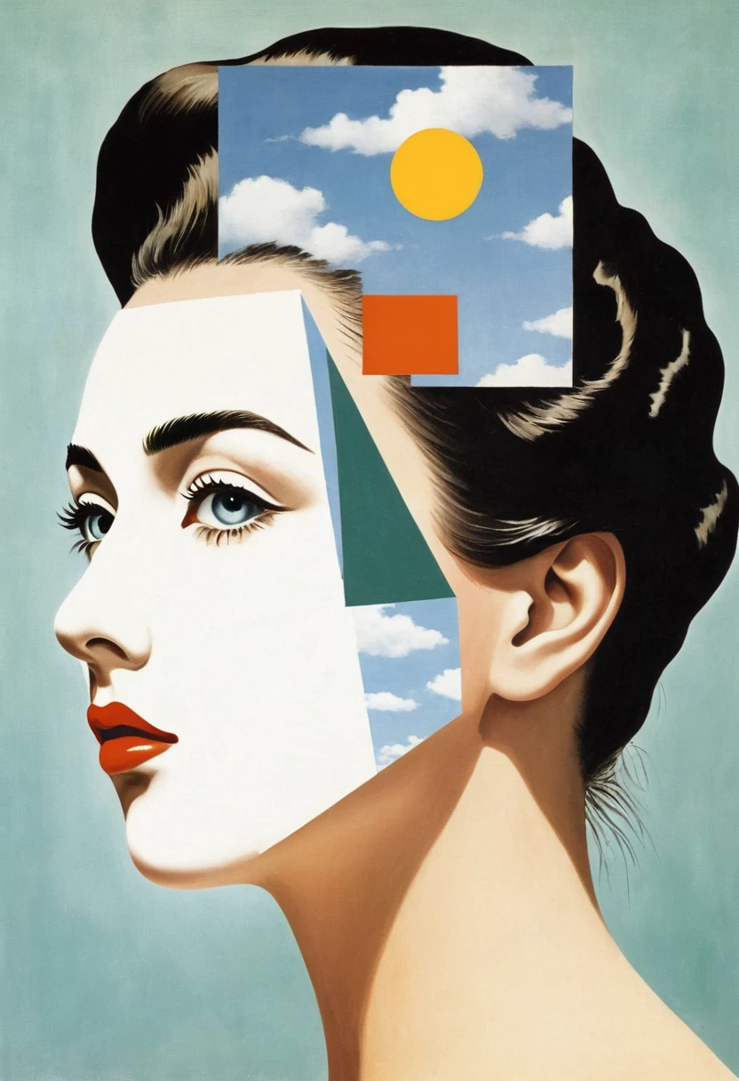 René Magritte,有一张女人脸的Collage画,There are many different things on the face,Geometric Dislocation,Collage,Artistic sense,Painting,paint,Simple,