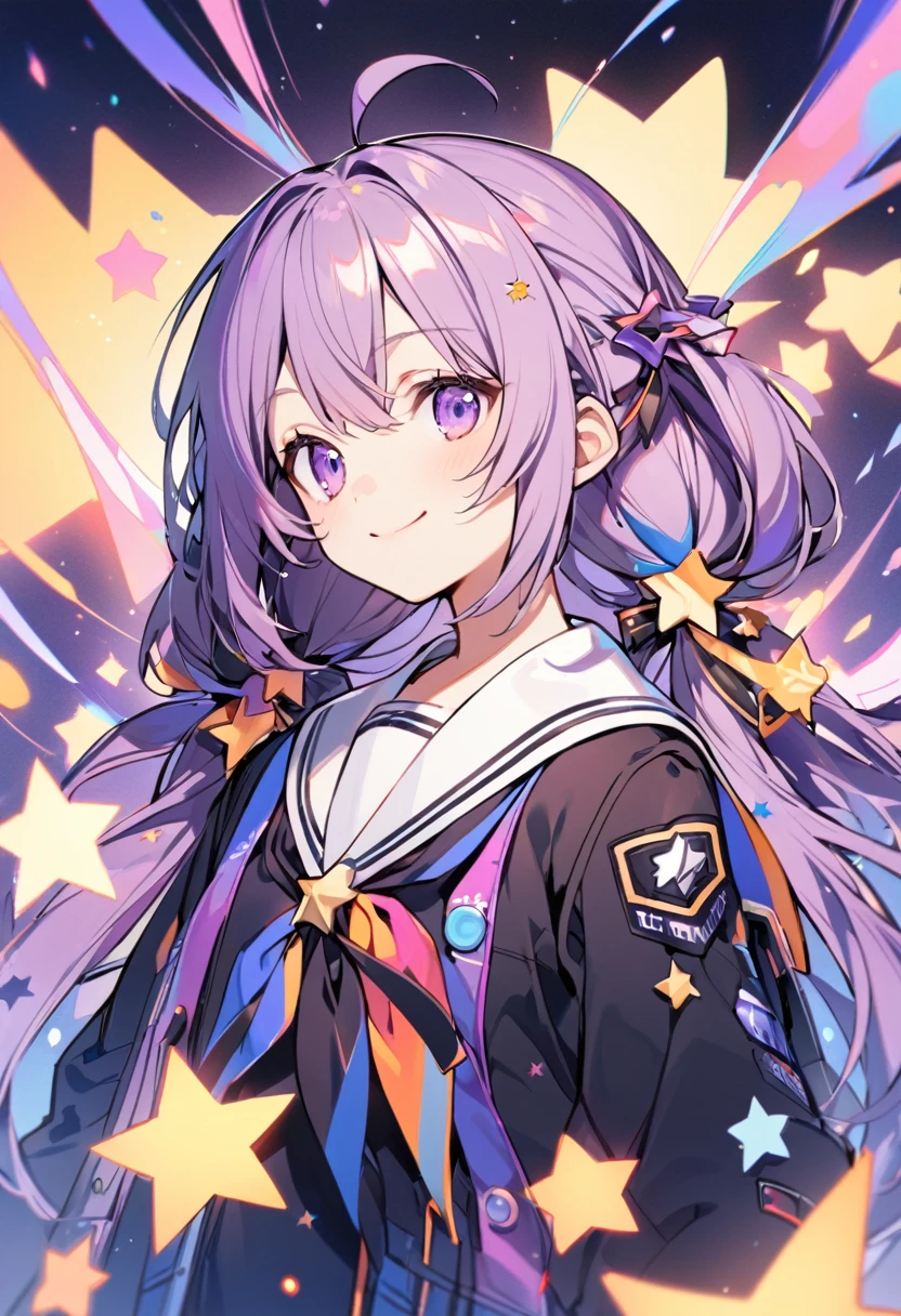 upright, One girl,alone, Hello, Multicolored Hair, Twin tails, low Twin tails,hair ornaments, smile, star (symbol), Ahoge, star hair ornaments,Long Hair, Purple eyes,neckerchief,black neckerchief,skirt,Jacket,,Sailor collar,white Sailor collar,Long sleeve,Small breasts,
Are standing,(Upper Body,:1.3)