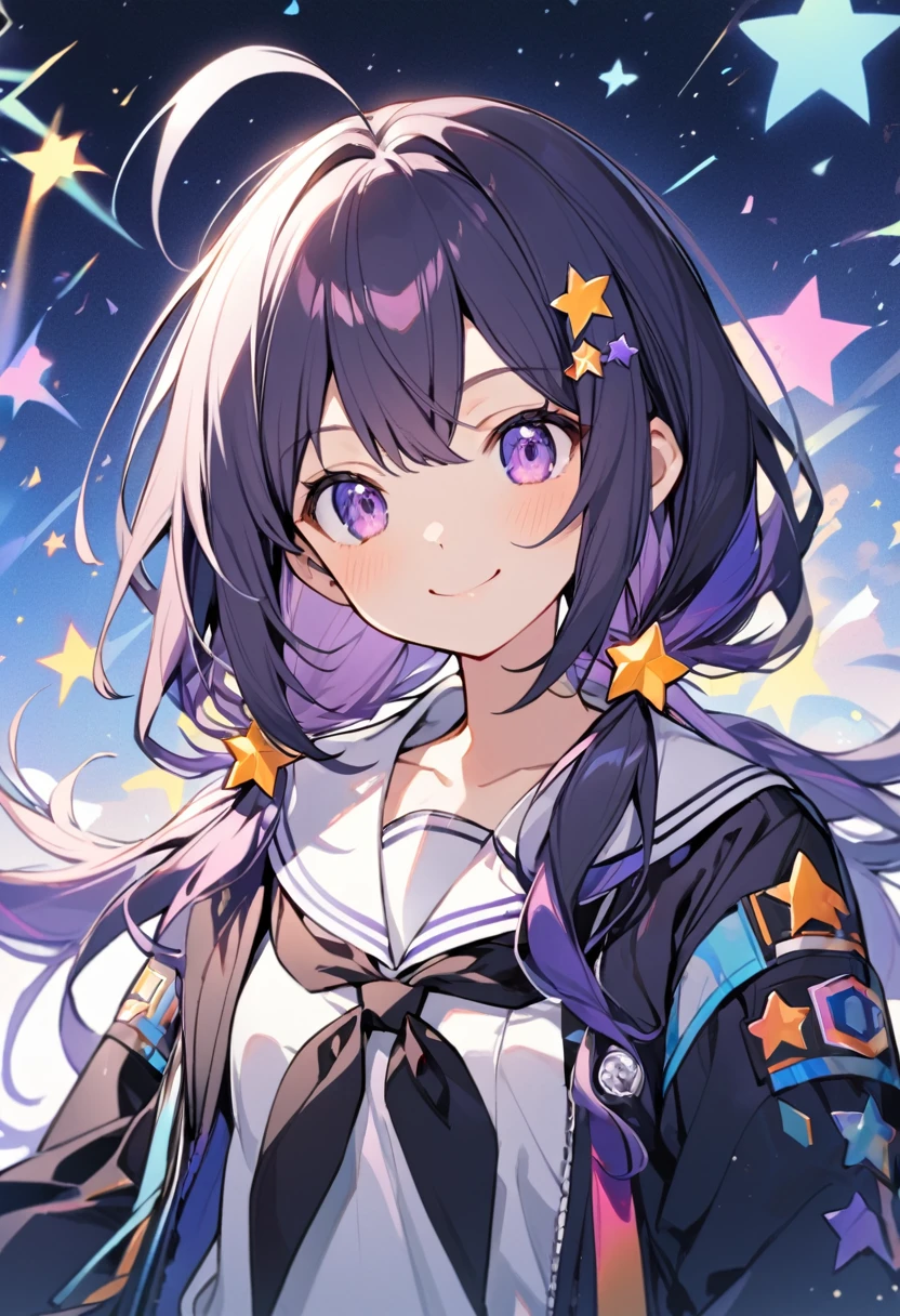 upright, One girl,alone, Hello, Multicolored Hair, Twin tails, low Twin tails,hair ornaments, smile, star (symbol), Ahoge, star hair ornaments,Long Hair, Purple eyes,neckerchief,black neckerchief,skirt,Jacket,,Sailor collar,white Sailor collar,Long sleeve,Small breasts, 
Are standing,(Upper Body,:1.3)